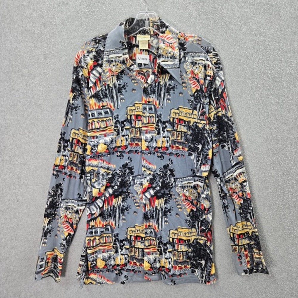 VINTAGE Kings Road Sears Men Button Up Shirt Large Gray Town City 60s 70s - Picture 1 of 11
